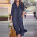 Women's Classic Denim Shirt Dress With Pocket – A-Line Long Sleeve Casual Maxi Skirt For Everyday Wear (Blue, Dark Blue, Black Grey, S-5xl)_ecoleips.com