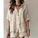 Summer Fashion Casual Women's Clothing Set Solid Color Loose Button Down Shirt And Shorts_ecoleips.com