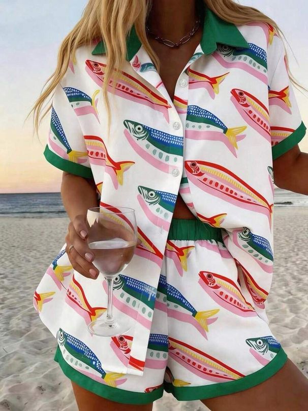 Women's Beach Vacation Casual Printed Shirt And Shorts Suit Relaxed Everyday Wear Comfortable Feshion_ecoleips.com