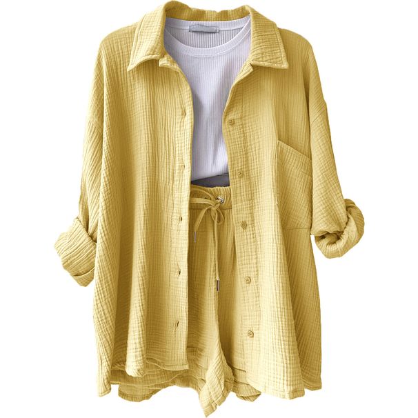 Women's Clothing Two Piece Set Wrinkled Lapel Long Sleeve Shirt High Waist Drawstring Shorts Plus Size Fashion Casual Suit_ecoleips.com