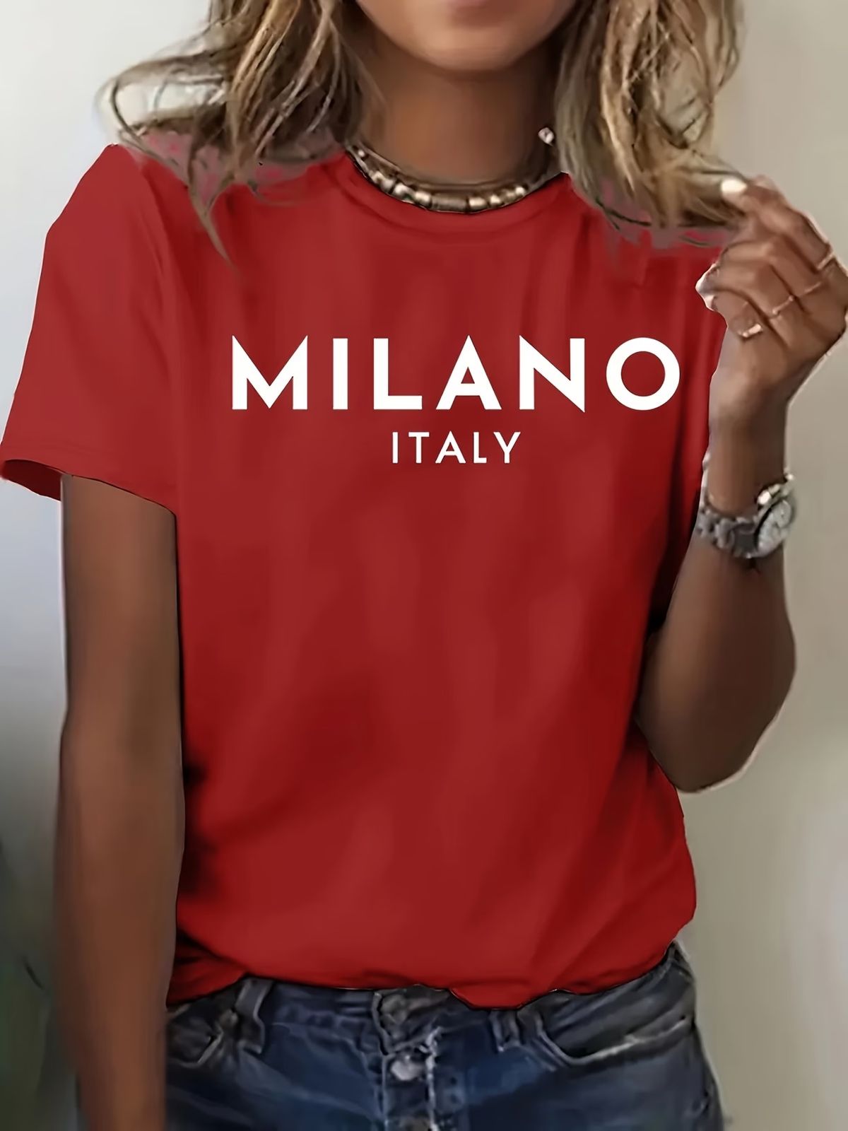 Women's Round Neck Short Sleeve T-Shirt Letter Print Top A77_ecoleips.com