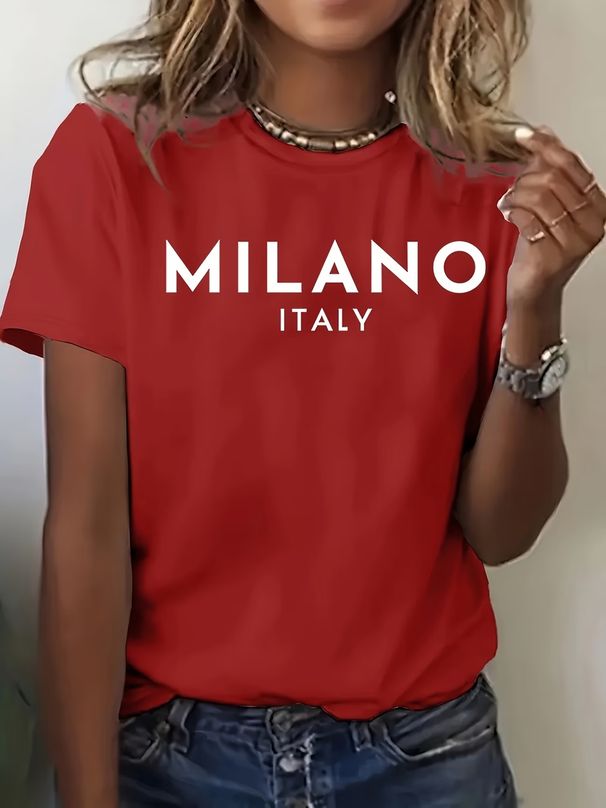 Women's Round Neck Short Sleeve T-Shirt Letter Print Top A77_ecoleips.com