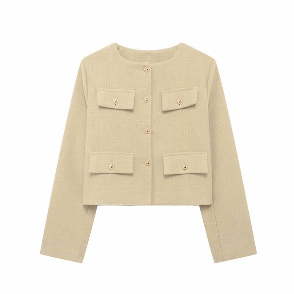 Women's Clothing Flap Round Neck Short Jacket_ecoleips.com