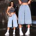 Light Blue Washed Cropped Denim Shorts for Women High Waisted Wide Leg Pants European American Style Rhinestone Embellished_ecoleips.com