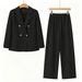New Korean Style Women's Black Suit Set Elegant Commuter Wear High-Waisted Wide-Leg Pants Slimming Double-Breasted_ecoleips.com