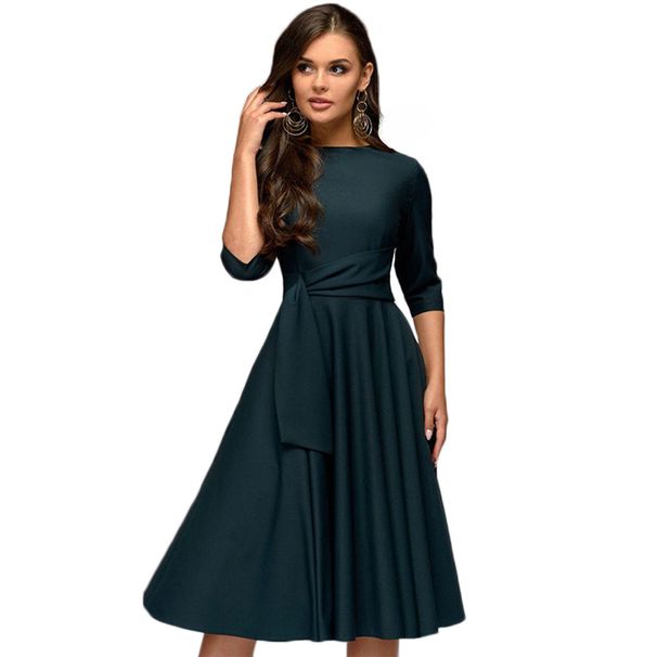 Women's Retro Style Round Neck Midi Dress Mid Sleeve Tie Waist Full Skirt Spring Summer Autumn Fashion Casual Dress_ecoleips.com