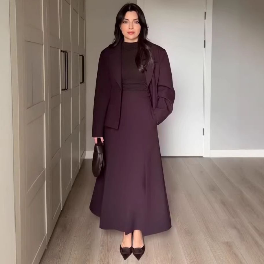Women's Clothing Summer New Style Suit Cardigan Jacket Button Down Round Neck Top Base Layer Long Skirt_ecoleips.com