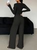 K New Set Of Long-sleeved Pure Color Slim-fit Top With Button-through Trousers For Women_ecoleips.com