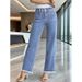 Comfortable Women's Light Blue Straight Leg Jeans Multiple Buttons Frayed Edges Cross Border Exclusive Factory Direct_ecoleips.com