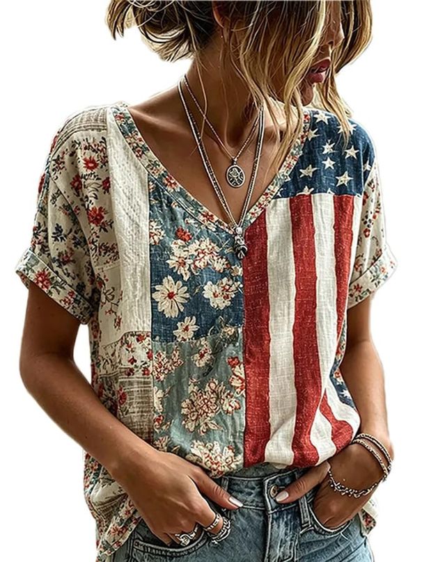 Women's Retro Independence Day Art Printed Linen Blended T-Shirt Flowers American Flag 250Th Anniversary V-Neck Shirt_ecoleips.com