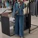 Women's Clothing Fashion Washed Blue Denim Tops Straight Trousers Set_ecoleips.com