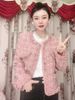 Elegant Pink Velvet-Lined Tweed Coat For Women - Winter Luxury Boucle Blazer With Thickened Inner Layer, Loose Fit, Long Sleeve_ecoleips.com