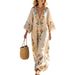 Bohemian Floral Print Deep V-Neck Midi Dress With Three-Quarter Sleeves, Flowy A-Line Summer Maxi Dress For Women, Casual Comfortable Boho Chic Dress_ecoleips.com