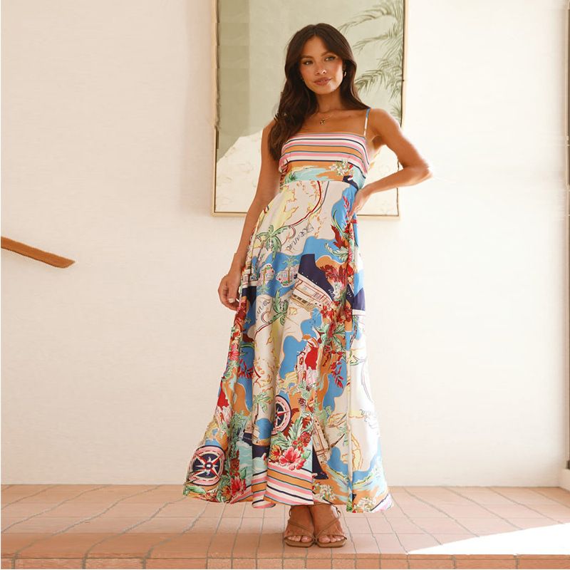 2025 Spring Summer New European And American Women' High Wait Printed Colorful Vacation Style Flared Strap_ecoleips.com