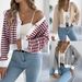 2025 Autumn Winter Color-Block Striped Lantern Long Sleeve Cardigan Sweater Short Coat Women's Fashion_ecoleips.com