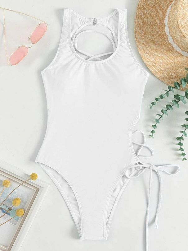 Women's Sexy Scoop Neck One-Piece Swimsuit Solid Color Triangle Tie Beach Bathing Suit Women's Clothing_ecoleips.com