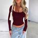 Women's Clothing Slim Fit Solid Color U Neck Long Sleeved Top_ecoleips.com