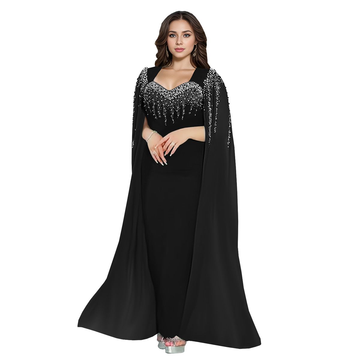 Elegant Rhinestone Evening Dress For Women – Stunning V-Neck Long Sleeve Gown With A-Line Silhouette (Black/Blue/Emerald/Red, S-Xxl)_ecoleips.com