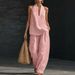 Plus Size Women's Halter Neck V-Neck Two-Piece Set Cotton Linen Blend Office Casual Outfit_ecoleips.com