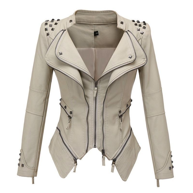 Women's Clothing Swallowtail Slim Waist Pu Versatile Jacket Motorcycle Suit Multi Color Rivet Leather Jacket_ecoleips.com
