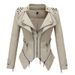 Women's Clothing Swallowtail Slim Waist Pu Versatile Jacket Motorcycle Suit Multi Color Rivet Leather Jacket_ecoleips.com
