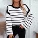 2024 Autumn Winter New Hot Sale Round Neck Loose Black And White Striped Pullover Long Sleeve Knitted Sweater For Women_ecoleips.com