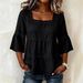 Women's Casual Square Neck Top Solid Color Cotton Linen Blend Lace Trim Three Quarter Sleeve Summer Wear_ecoleips.com