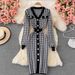 Chic V-Neck Houndstooth Knit Dress – Slim-Fit Pencil Dress With Contrast Trim (Chocolate/Beige/White/Black, One Size) | Elegant Office To Evening Wear_ecoleips.com