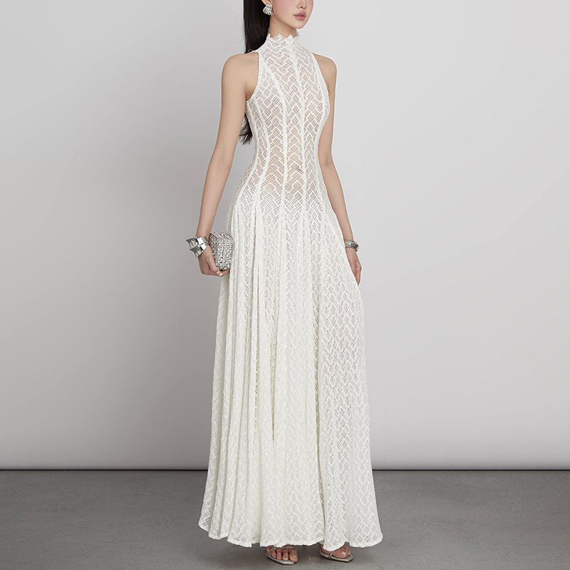 Women's Clothing Retro Lace Design Long Skirt Lace Collar Slim Fit Elegant Long Dress_ecoleips.com