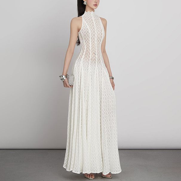 Women's Clothing Retro Lace Design Long Skirt Lace Collar Slim Fit Elegant Long Dress_ecoleips.com