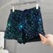 Sequin Embroidered High-Waist Shorts For Women - Stretchy Slim-Fit Hot Pants With Pockets, Black & Silver Glam Style_ecoleips.com