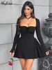Hugcitar Autumn Elegant Solid Long Sleeve Bow Sexy Slim Pleated Mini Prom Dress Women New Y2K Outfits Birthday Party Vacation_ecoleips.com