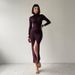 Spring New Arrival Women's Elegant Solid Color High Slit Pleated Slim Fit Long Sleeve Dress_ecoleips.com