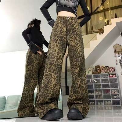 American Retro Leopard Print Jeans For Women Men, Summer Trendy Niche Wide-leg Pants, Loose Drapey, Casual And Slimming_ecoleips.com