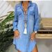 Popular Long Sleeve Button Pocket Solid Color Denim Shirt Dress_ecoleips.com