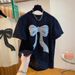 ng2510292 Unique Design With Rhinestone Sequin Bow, Regular Shoulder, Short Sleeve Lace T-shirt For Women, 2025 Summer New Loose_ecoleips.com