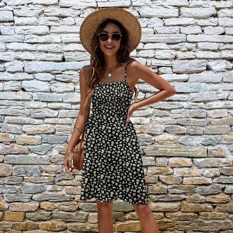 Women's High Waist Slim Fit Dress Printed Bandeau Spaghetti Strap Sexy Casual Dress_ecoleips.com