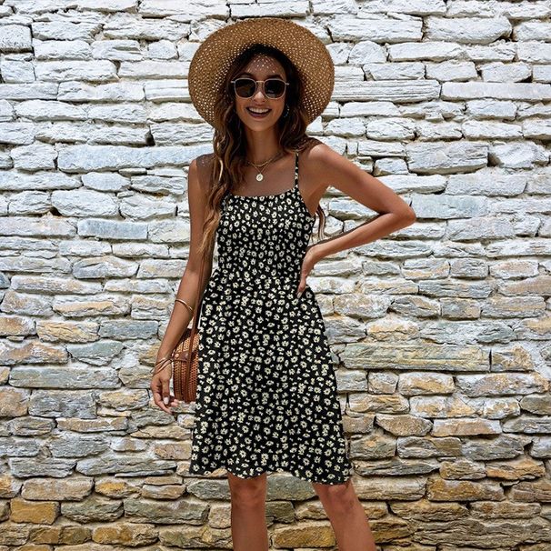 Women's High Waist Slim Fit Dress Printed Bandeau Spaghetti Strap Sexy Casual Dress_ecoleips.com