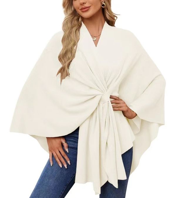 Women's Clothing V Neck Shawl Cape Coat Loose Fit Autumn Winter Outerwear Stylish_ecoleips.com