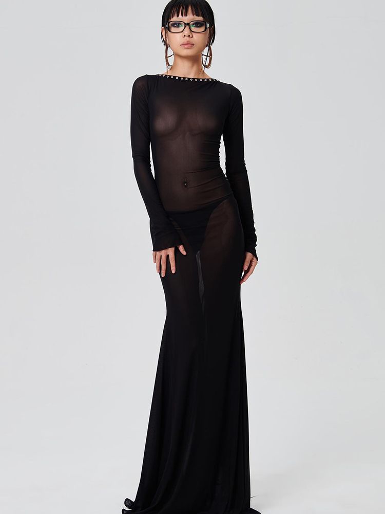 Hugcitar Mesh Black Long Sleeve Backless See Through Sheer Sexy Slim Bodycon Maxi Dress 2023 Summer Women Beach Nightclub Outfit_ecoleips.com