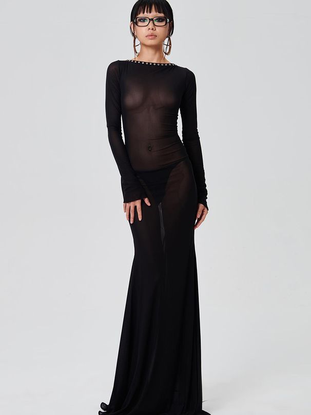 Hugcitar Mesh Black Long Sleeve Backless See Through Sheer Sexy Slim Bodycon Maxi Dress 2023 Summer Women Beach Nightclub Outfit_ecoleips.com