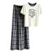 Women's Korean Style Summer Short Sleeve T-Shirt & Plaid Wide Leg Pants 2-Piece Set | Loose Fit Casual Outfit | Trendy Comfort Jogger Set_ecoleips.com