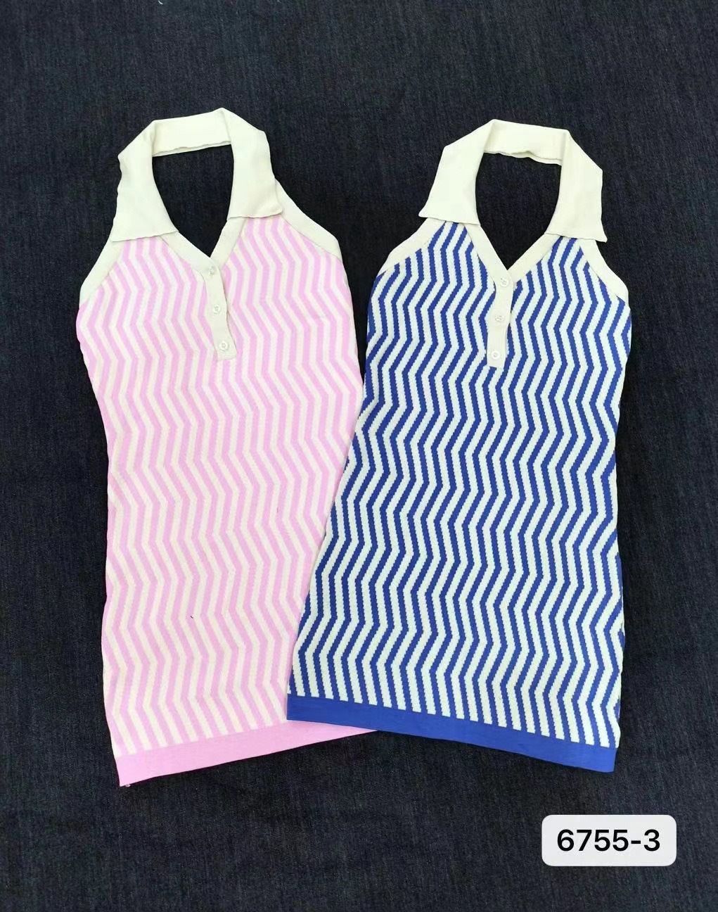 Women's Clothing Sexy Backless Halter Bodycon Dress V-Neck Sleeveless Midi Dress Color Blocking Stretchy Knit Fabric Fresh Style (Pink/Blue)_ecoleips.com