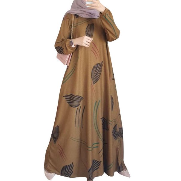 Women Casual O Neck Maxi Dress Fall 2025 Leaves Printing Baggy Long Sleeve Long Abaya Robe Muslim Fashion Vestidos Kaftan_ecoleips.com