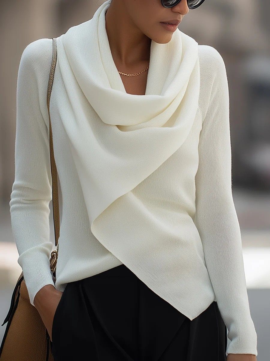 Women's Clothing Draped Neckline Knit Sweater – Asymmetrical Slouchy Pullover (White, XS-3XL)_ecoleips.com