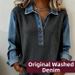 Women's Clothing Loose Ribbed Sweatshirt With Denim Patchwork Collar Washed Fashion New_ecoleips.com