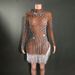 Women's Clothing Glitter Mesh Bodycon Mini Dress Rhinestones Fringe Sexy Sleeveless Party Dress For Stage Performance Evening Events (Coffee)_ecoleips.com