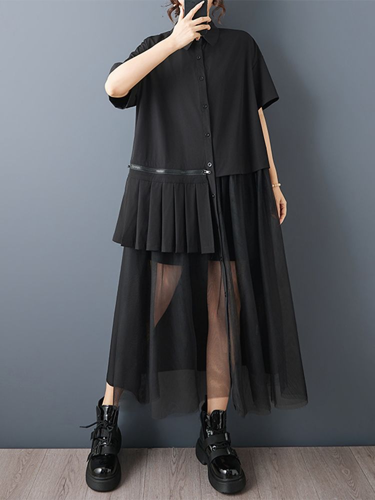 2026 Summer New Mesh Patchwork Vintage Shirt Dresses For Women Short Sleeve Loose Casual Ladies Dress Fashion Elegant Clothing_ecoleips.com