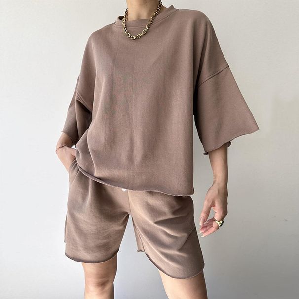 Women's casual suits for women half-sleeved round neck loose short-sleeved drawstring shorts two-piece suit_ecoleips.com