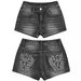 Women's Cross Wings Embroidery Denim Shorts with Rhinestones Black And Gray Washed Jeans Factory Direct Wholesale Bottoms_ecoleips.com